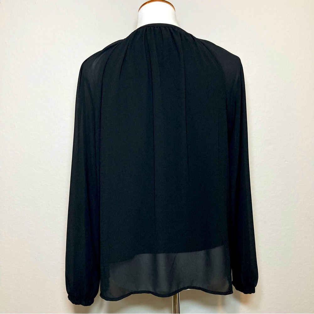 CARMEN MARC VALVO Black Zipper & Tie Front Blouse Sheer Long Sleeves Size Small - Picture 5 of 7